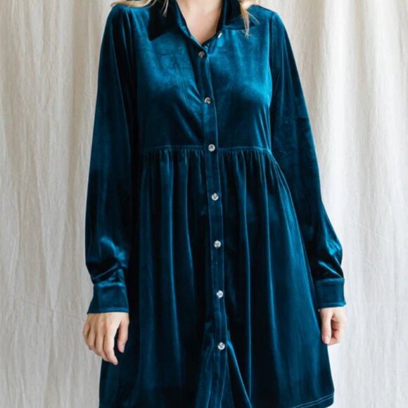 Jodifl Velvet Button-up Baby Doll Dress Teal Large Whimsy Goth Witchy - Picture 1 of 8